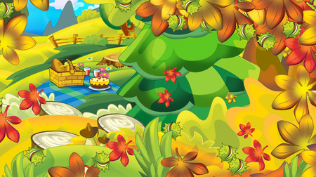 cartoon autumn nature background with forest and mountains with space for text - illustration for childrenの写真素材