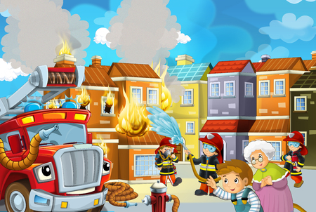 cartoon stage with fireman and fire truck near burning building colorful scene - illustration for childrenの写真素材