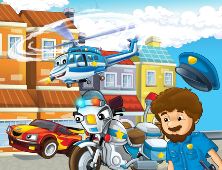 cartoon scene with police chase motorcycle driving through the city helicopter flying and policeman - illustration for childrenの写真素材