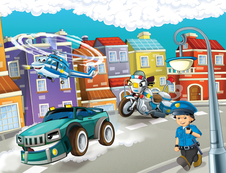 cartoon scene with police chase motorcycle and car driving through the city helicopter flying and policeman - illustration for childrenの写真素材