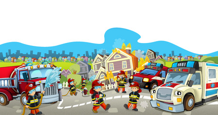 cartoon illustration with fire fighters and their cars at work putting out the fire and ambulance - with space for text - illustration for childrenの写真素材