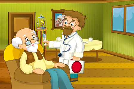 Cartoon scene of house interior living room with older man - grand father and doctor visiting him - hall - illustration for childrenの写真素材