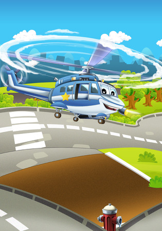 Cartoon stage with different police vehicles - helicopter - colorful and cheerful scene - illustration for childrenの写真素材