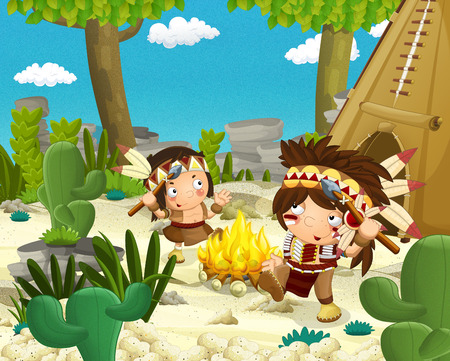 Cartoon indian characters near their tee pee and fire in the wilderness - woman near totem - indian chief is sitting by the fire - illustration for childrenの写真素材
