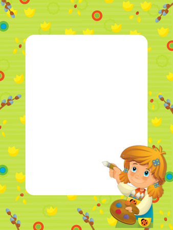 cartoon scene with kid girl painting with frame on white background - illustration for childrenの写真素材