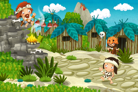cartoon caveman village scene - stone age - illustration for childrenの写真素材