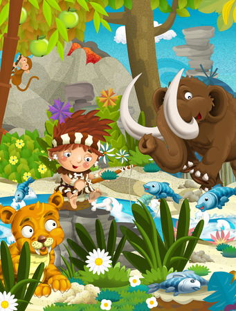 Cartoon scene with prehistoric mammoth and fishermen near the river - illustration for childrenの写真素材