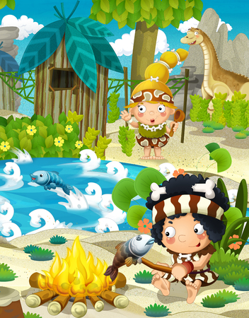 cartoon stone age scene with cavemen living and fishing - illustration for the childrenの写真素材
