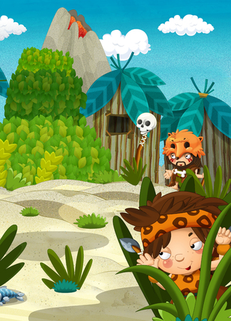 cartoon scene with cavemen - stone age village - happy illustration for childrenの写真素材