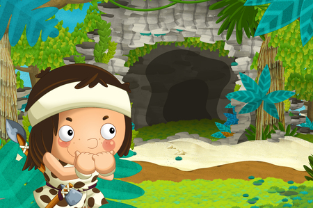 cartoon happy scene with caveman traveling near some cave - illustration for childrenの写真素材
