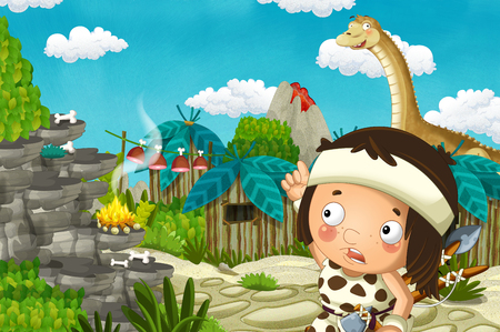 cartoon scene with caveman boy in the village and diplodocus - illustration for childrenの写真素材
