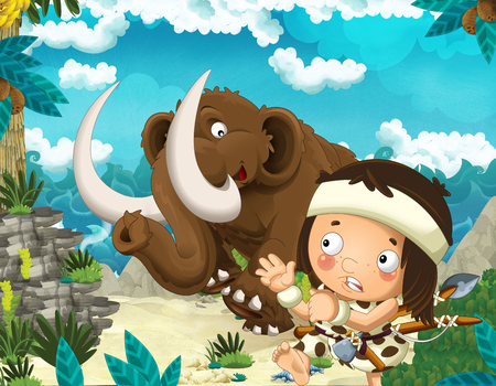 Cartoon scene of beach near the sea or ocean with prehistoric animal mammoth and caveman - illustration for childrenの写真素材