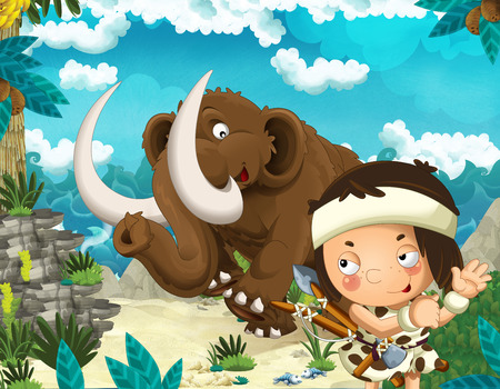 Cartoon scene of beach near the sea or ocean with prehistoric animal mammoth and caveman - illustration for childrenの写真素材