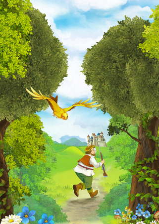 cartoon scene with medieval hunter in the forest running to castle - illustration for childrenの写真素材