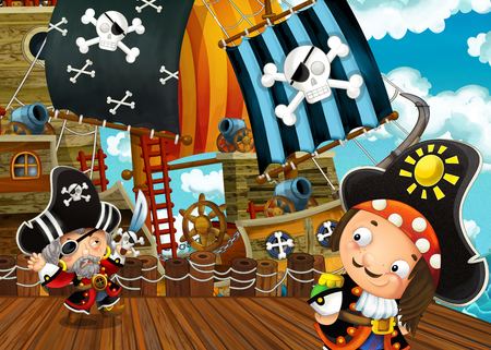 cartoon scene with pirate sailing ship docking - illustration for childrenの写真素材
