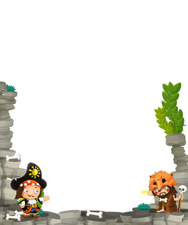 cartoon scene with cavemen and pirate captain frame for text - illustration for the childrenの写真素材