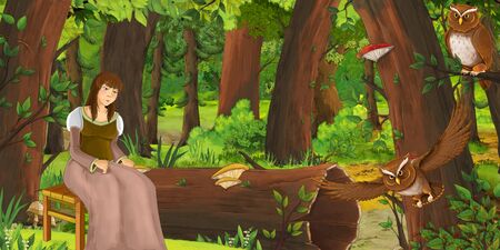 cartoon scene with happy young girl in the forest encountering pair of owls flying - illustration for childrenの写真素材