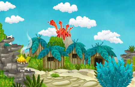 cartoon cavemen village scene with volcano in the background - illustration for childrenの写真素材