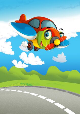 cartoon scene with happy and funny flying plane - illustration for childrenの写真素材