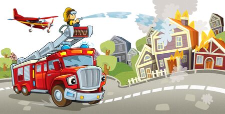Cartoon stage with different machines for firefighting and fireman - colorful and cheerful scene -...