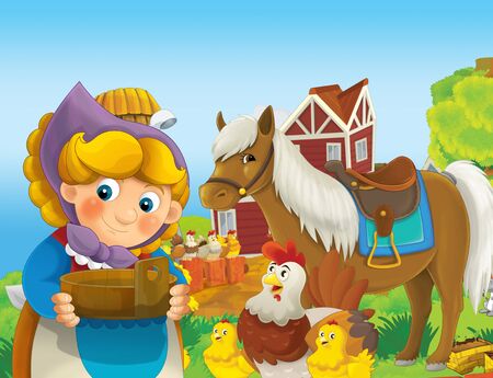 cartoon scene with happy girl woman working on the farm - standing and smiling illustration for childrenの写真素材