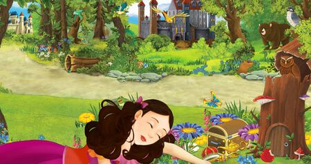 cartoon scene with young girl princess in the forest near some castles in the forest - illustration for childrenの写真素材