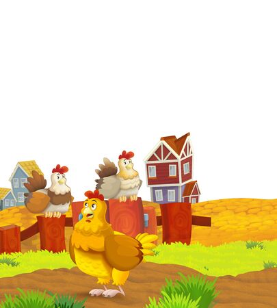 Cartoon farm scene with animal chicken bird having fun on white background with space for text - illustration for childrenの写真素材