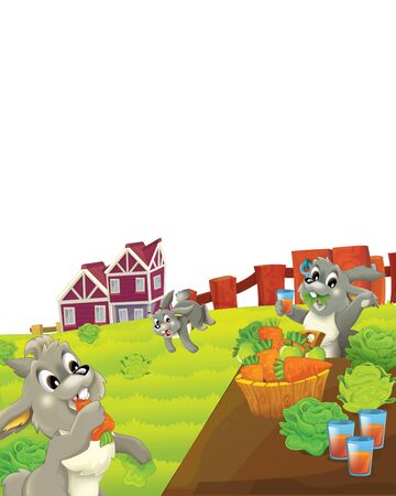 cartoon scene with rabbit on a farm having fun on white background - illustration for childrenの写真素材