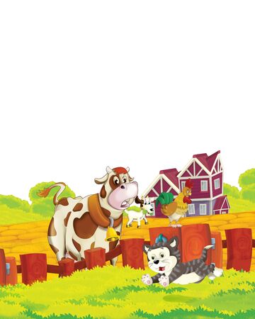 cartoon scene with cow having fun on the farm on white background - illustration for childrenの写真素材
