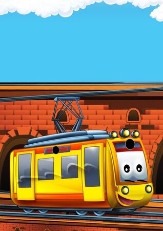 Cartoon funny looking train on the train station near the city with space for text - illustration for childrenの写真素材