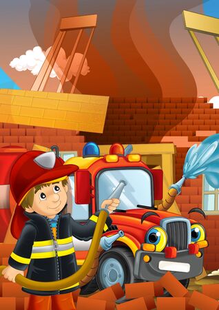 cartoon stage with fireman near building and brave firetruck is helping colorful illustration for childrenの写真素材