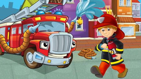 cartoon stage with fireman near building and brave firetruck is helping colorful illustration for childrenの写真素材