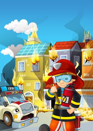 cartoon scene with fireman working near some ambulance and building is burning illustration for childrenの写真素材