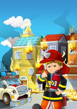 cartoon scene with fireman working near some ambulance and building is burning illustration for childrenの写真素材