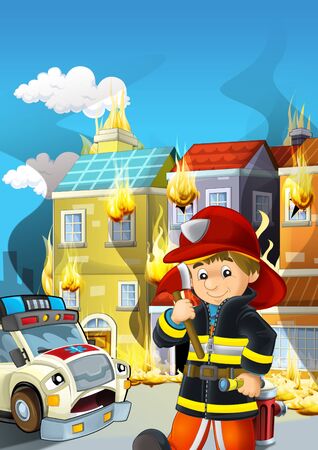 cartoon scene with fireman working near some ambulance and building is burning illustration for childrenの写真素材