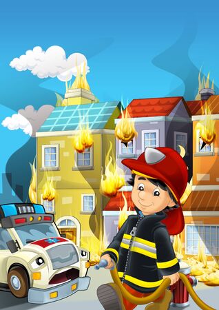 cartoon scene with fireman working near some ambulance and building is burning illustration for childrenの写真素材