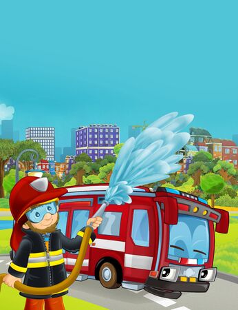 cartoon scene with fire brigade car vehicle on the road and fireman worker - illustration for childrenの写真素材