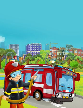 cartoon scene with fire brigade car vehicle on the road and fireman worker - illustration for childrenの写真素材