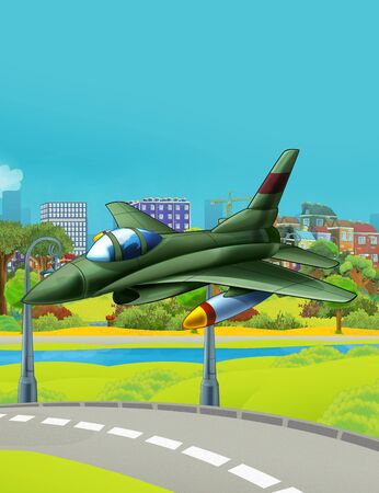 cartoon scene with military army vehicle jet fighter plane flying near park road - illustration for childrenの写真素材