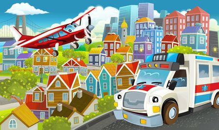 cartoon happy and funny scene of the middle of a city with flying plane illustration for childrenの写真素材