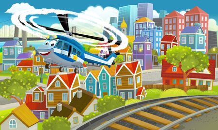 Cartoon funny looking scene with police helicopter in the city - illustration for childrenの写真素材