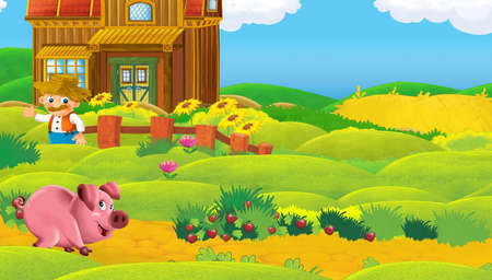 cartoon scene with farm ranch animal near wooden barn - illustration for childrenの写真素材