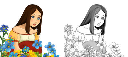 cartoon sketch scene with beautiful princess on white background - illustration for childrenの写真素材