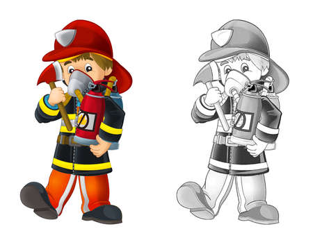 Cartoon sketch fireman with tools - white background - illustration for childrenの写真素材