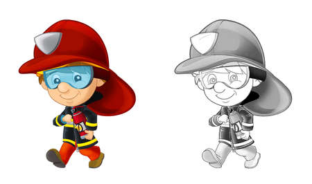 Cartoon sketch fireman with tools - white background - illustration for childrenの写真素材