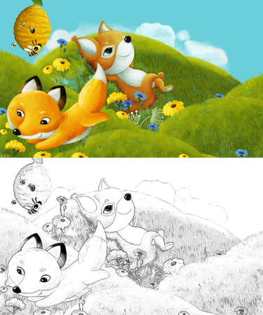 cartoon with sketch scene with sketch with forest animal on the meadow - illustration for childrenの写真素材