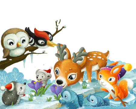 cartoon scene with christmas animals in the forest near the stream illustration for childrenの写真素材