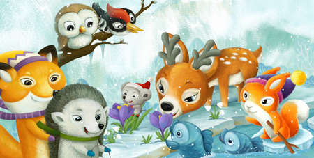 cartoon scene with christmas animals in the forest near the stream illustration for childrenの写真素材