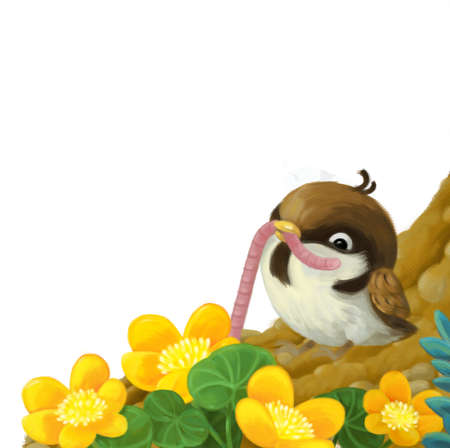 cartoon scene with bird eating worm on white background illustration for childrenの写真素材