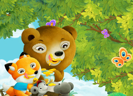 cartoon scene with park or forest and shining sun and happy animal kids eating honey illustration for childrenの写真素材